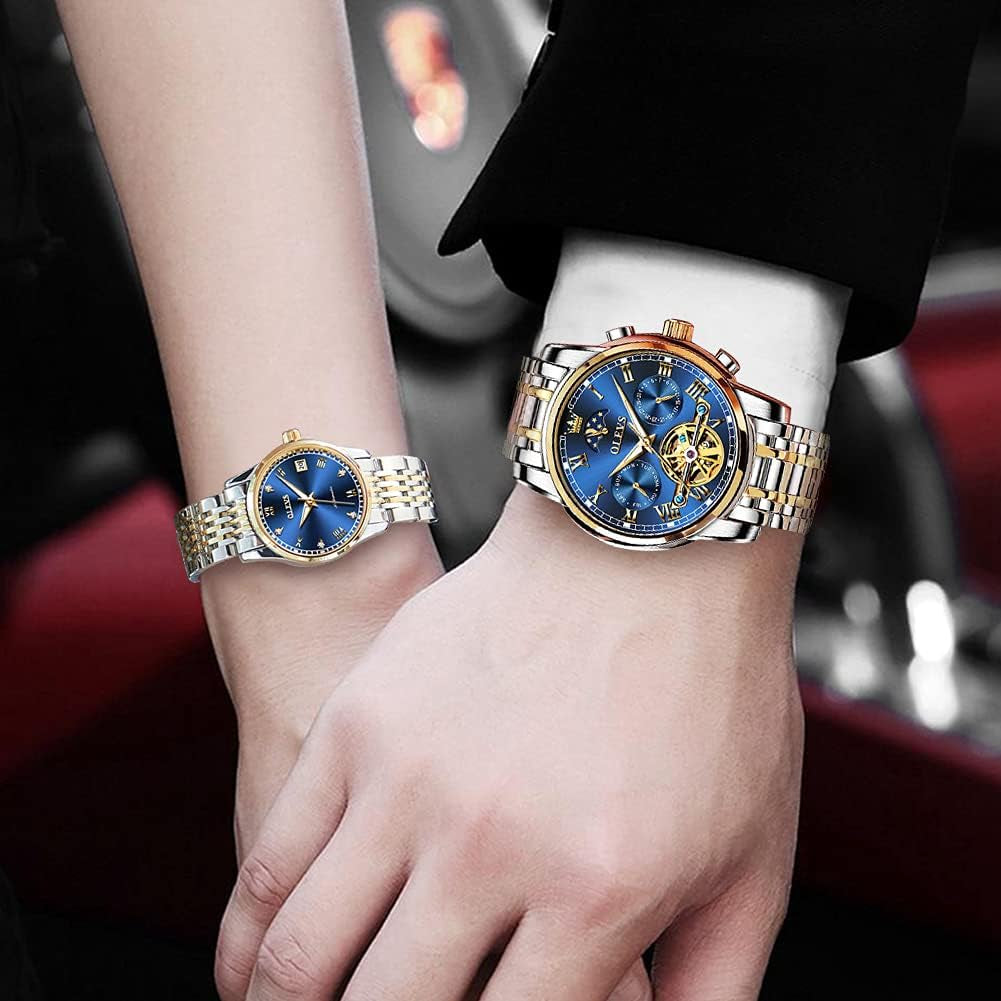 Couple Pair Watch Automatic for Men and Women His and Hers Watches Set Gifts Mechanical Self-Winding Tourbillon Big Face Dress Wristwatch with Day Date Calendar Two Tone