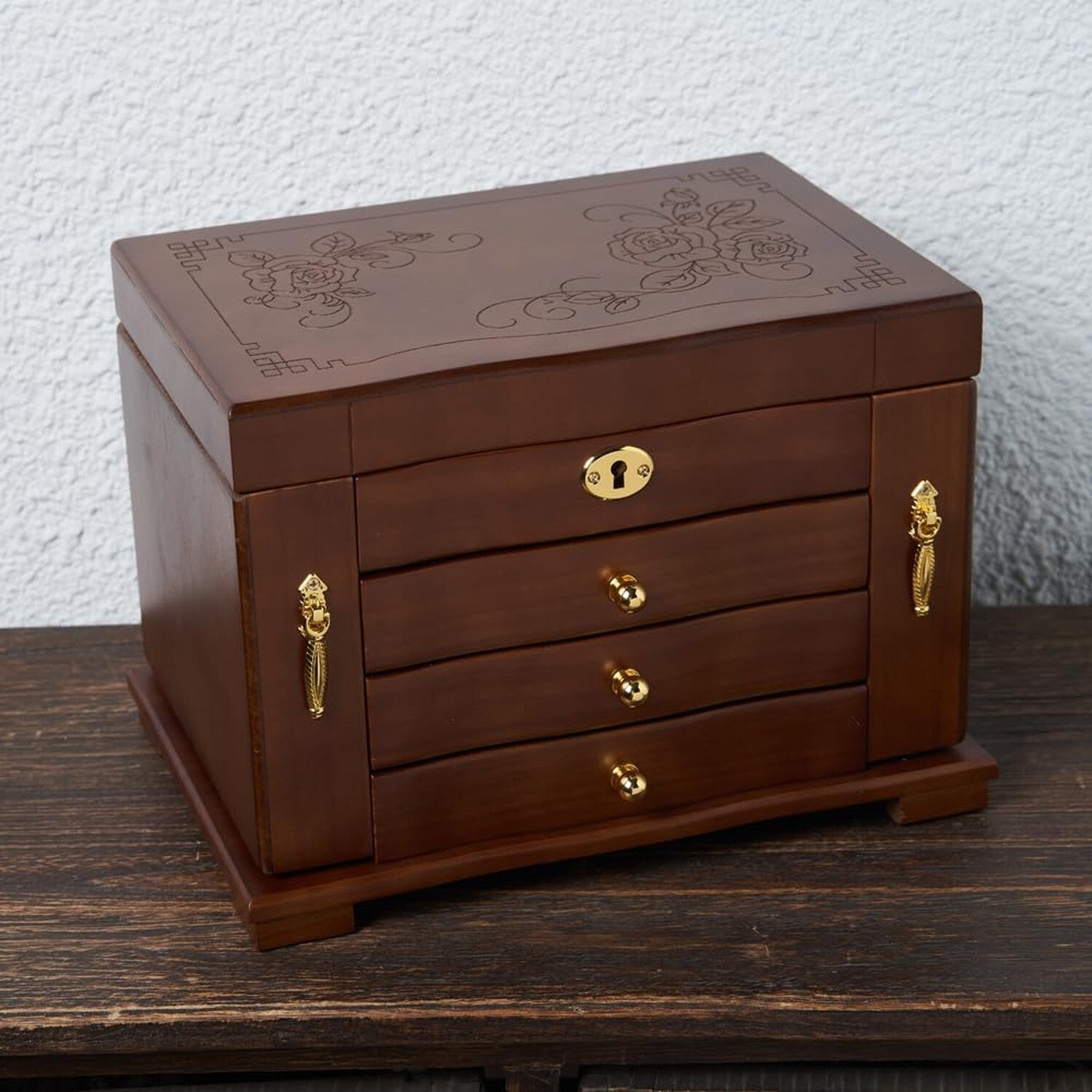 FEECOZ Wooden Jewelry Box for Women, Solid Wood Jewelry Organizer with Mirror...