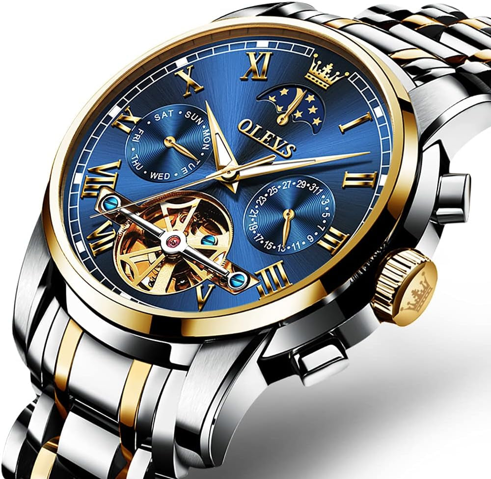 Couple Pair Watch Automatic for Men and Women His and Hers Watches Set Gifts Mechanical Self-Winding Tourbillon Big Face Dress Wristwatch with Day Date Calendar Two Tone