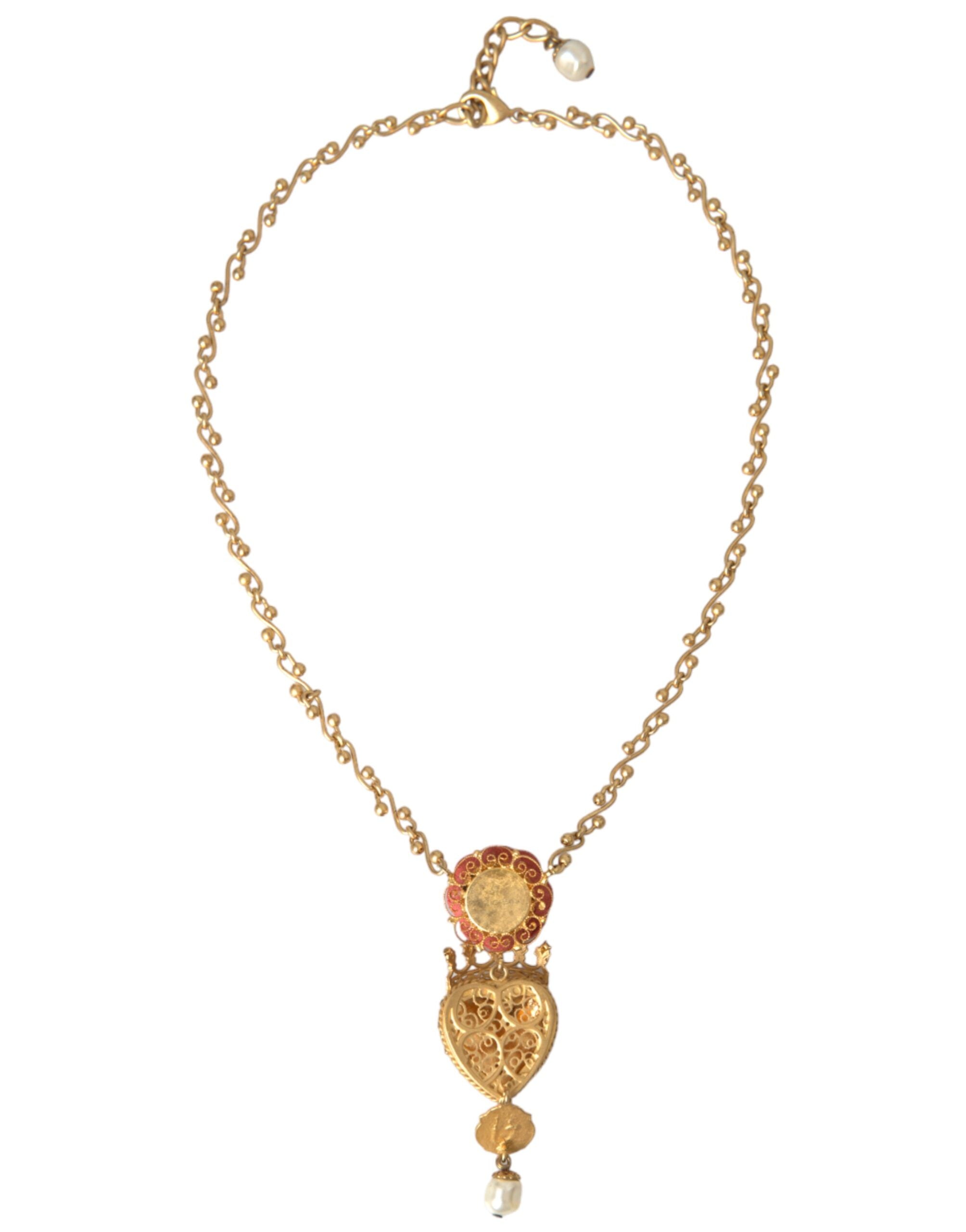 Gold BrassChain Sacred Heart Rose Crystal Charm Necklace