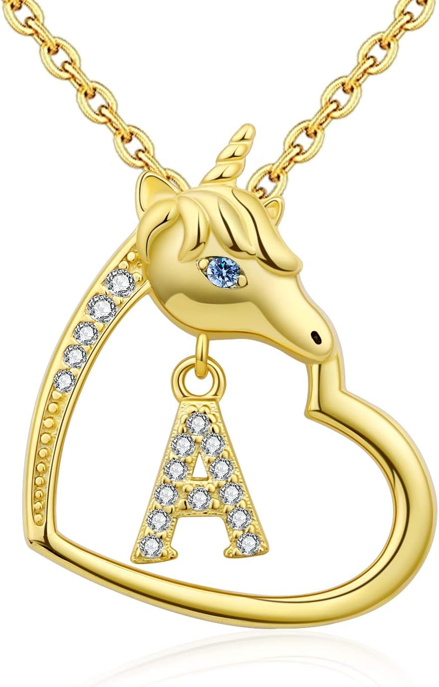 18K-Gold-Plated Unicorn Heart Initial Necklaces - 925 Sterling Silver Letters Alphabet Love Heart Pendant Necklace Cute Animal Jewerly Gifts for Daughter & Unicorn Lover