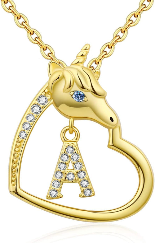 18K-Gold-Plated Unicorn Heart Initial Necklaces - 925 Sterling Silver Letters Alphabet Love Heart Pendant Necklace Cute Animal Jewerly Gifts for Daughter & Unicorn Lover