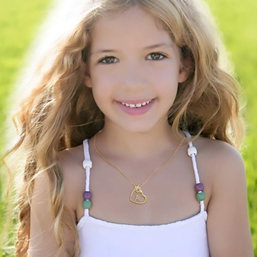 18K-Gold-Plated Unicorn Heart Initial Necklaces - 925 Sterling Silver Letters Alphabet Love Heart Pendant Necklace Cute Animal Jewerly Gifts for Daughter & Unicorn Lover