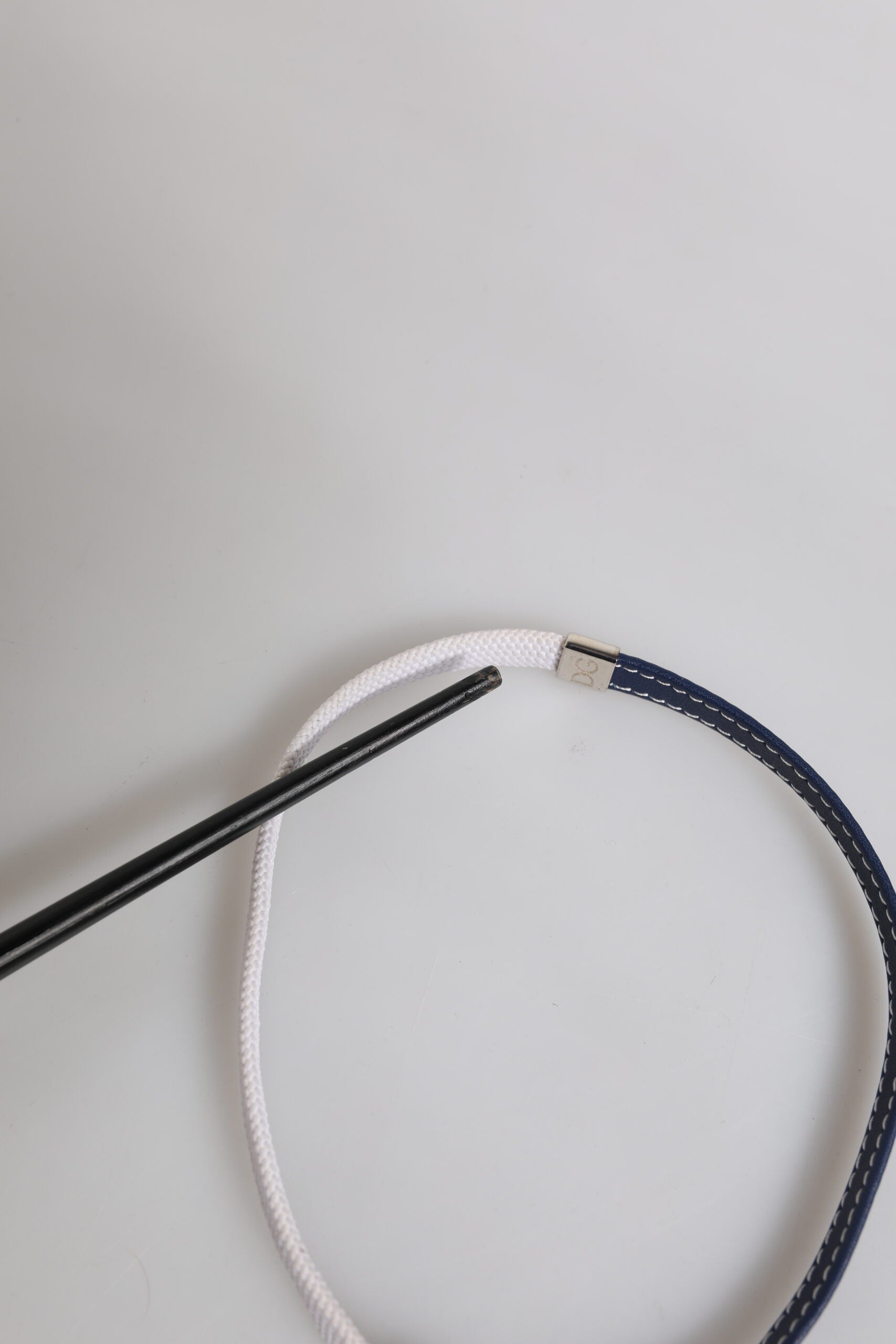 Blue White Leather Trimmed DG Engraved Silver Tone Clasp Bracelet