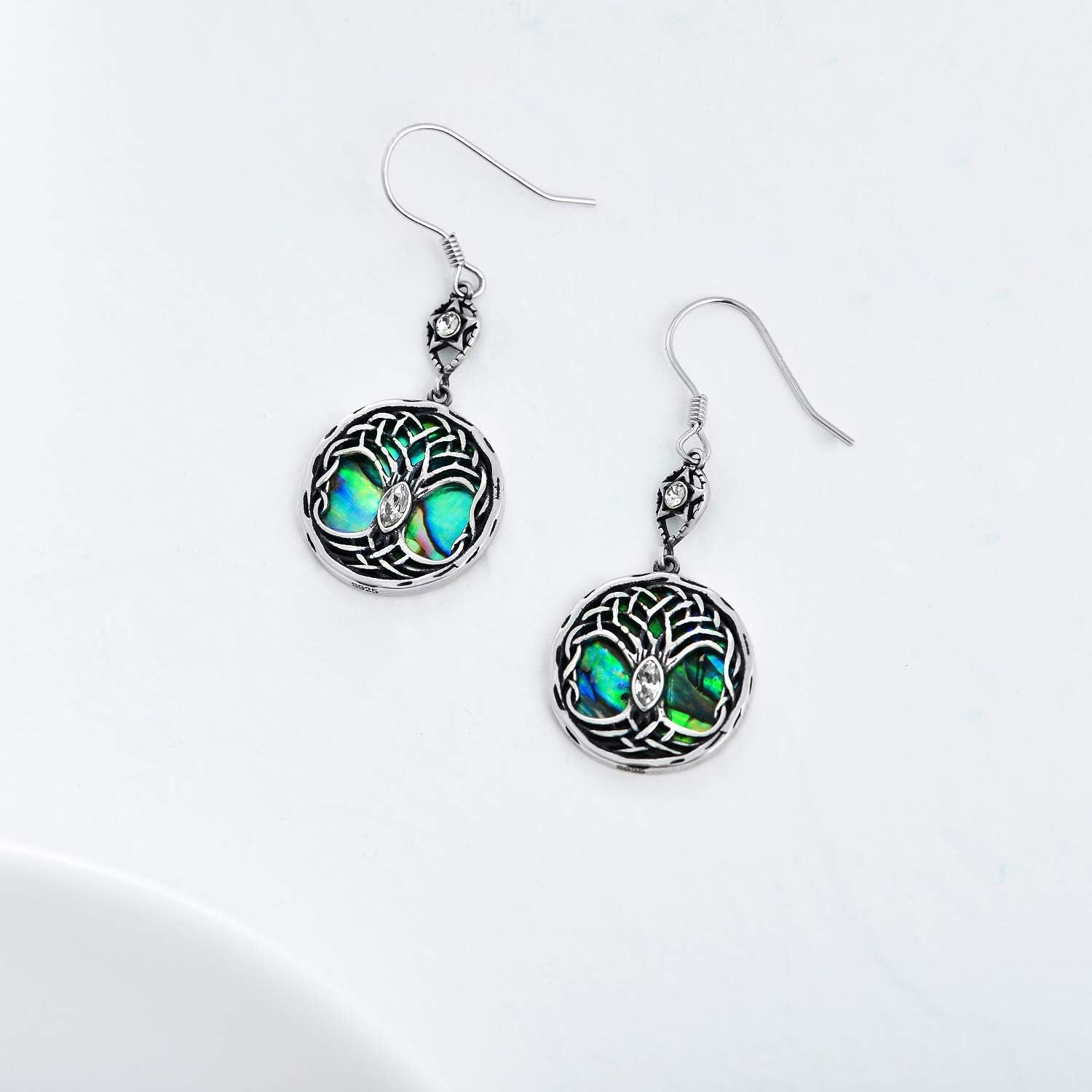 Celtic Tree of Life Earrings Sterling Silver Family Tree Dangle Drop Earrings with Birthstone Crystals, Birthday Jewelry Gifts for Women Her