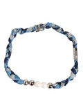 Blue White Braided Silver Metal Logo Beaded Men Bracelet