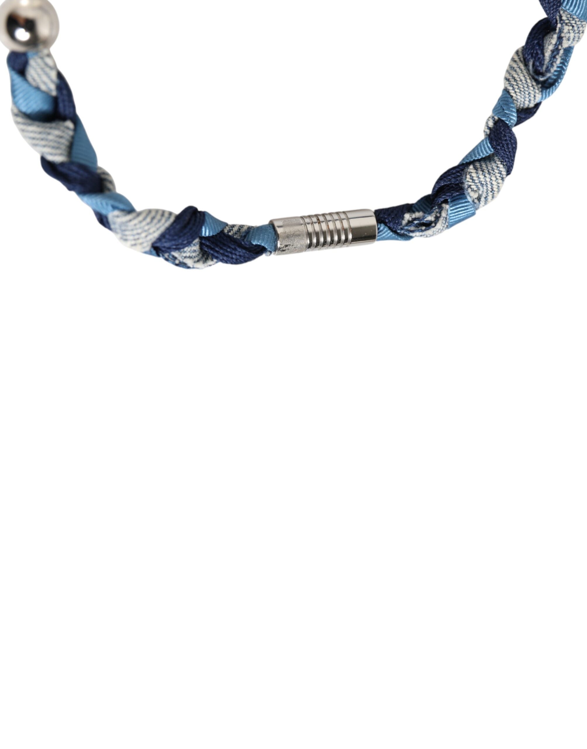 Blue White Braided Silver Metal Logo Beaded Men Bracelet