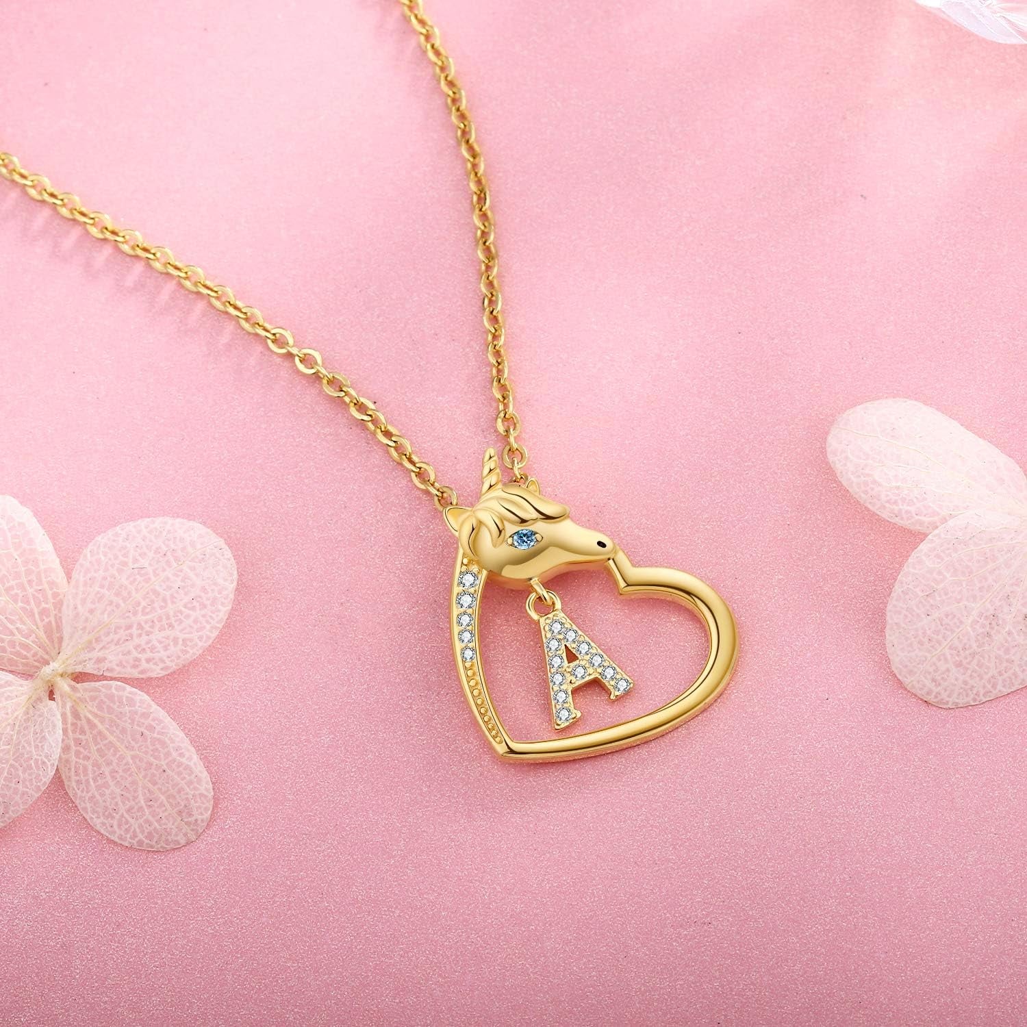 18K-Gold-Plated Unicorn Heart Initial Necklaces - 925 Sterling Silver Letters Alphabet Love Heart Pendant Necklace Cute Animal Jewerly Gifts for Daughter & Unicorn Lover