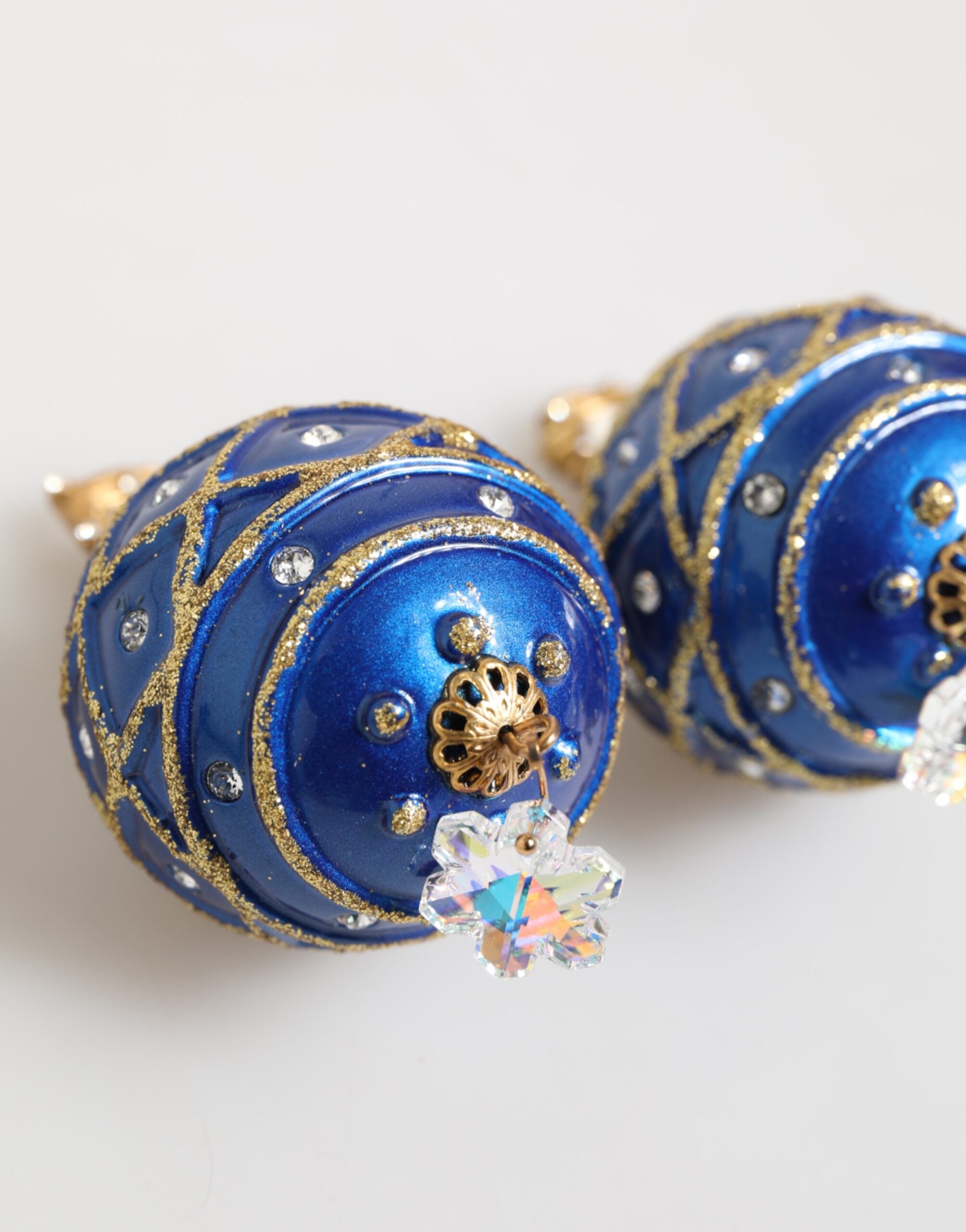 Gold Brass Blue Christmas Ball Crystal Drop Clip On Earrings