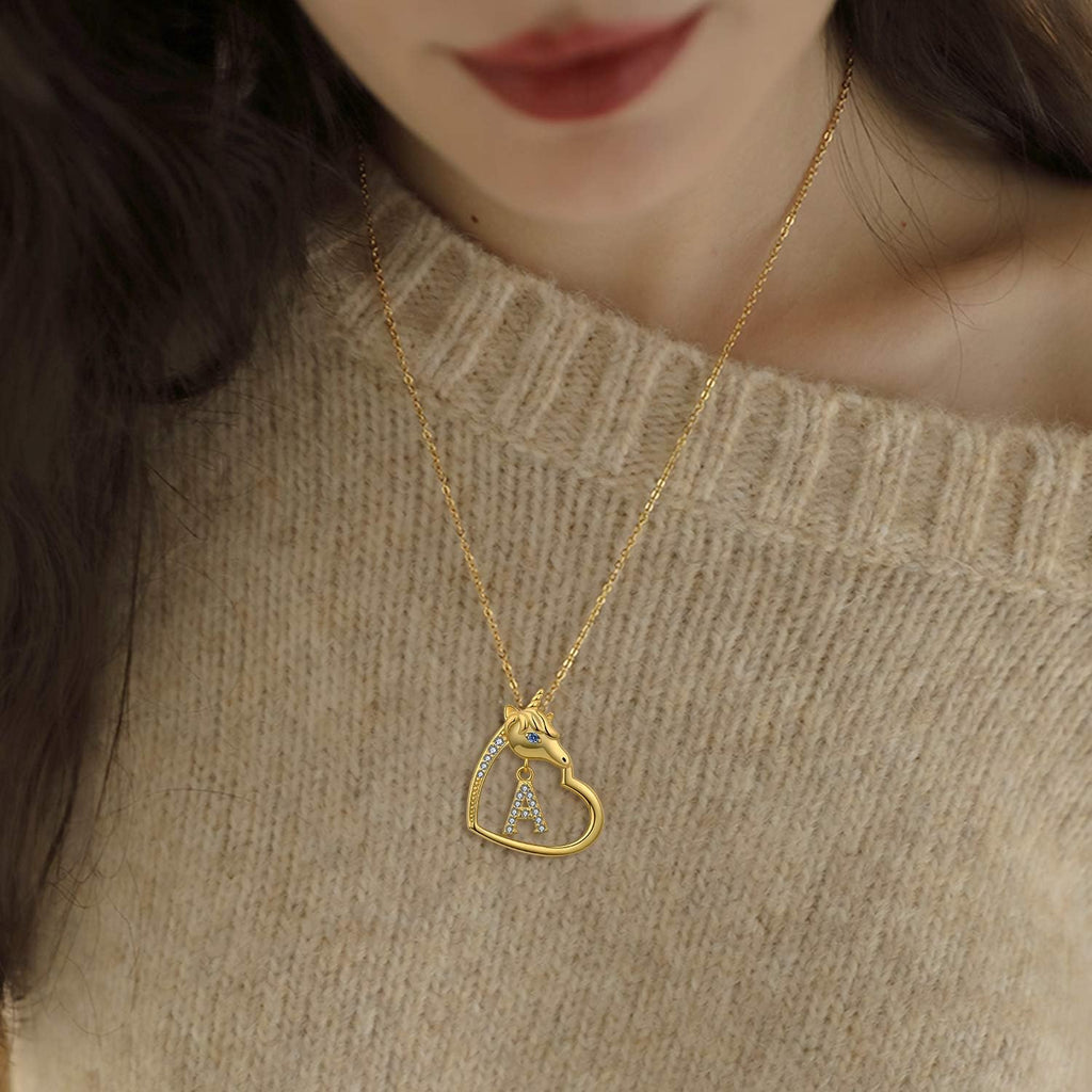 18K-Gold-Plated Unicorn Heart Initial Necklaces - 925 Sterling Silver Letters Alphabet Love Heart Pendant Necklace Cute Animal Jewerly Gifts for Daughter & Unicorn Lover