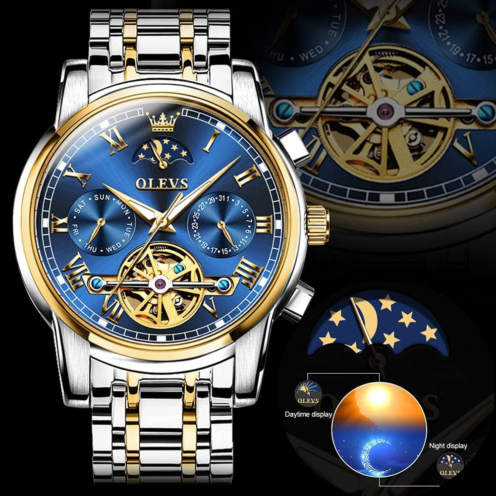 Couple Pair Watch Automatic for Men and Women His and Hers Watches Set Gifts Mechanical Self-Winding Tourbillon Big Face Dress Wristwatch with Day Date Calendar Two Tone