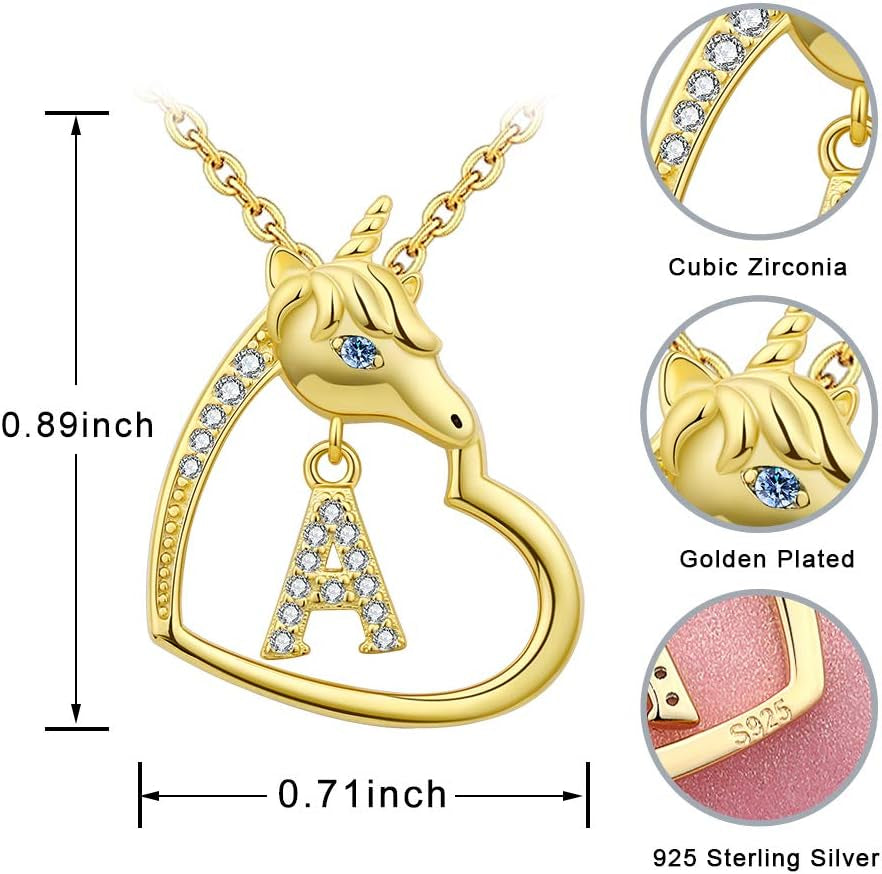 18K-Gold-Plated Unicorn Heart Initial Necklaces - 925 Sterling Silver Letters Alphabet Love Heart Pendant Necklace Cute Animal Jewerly Gifts for Daughter & Unicorn Lover