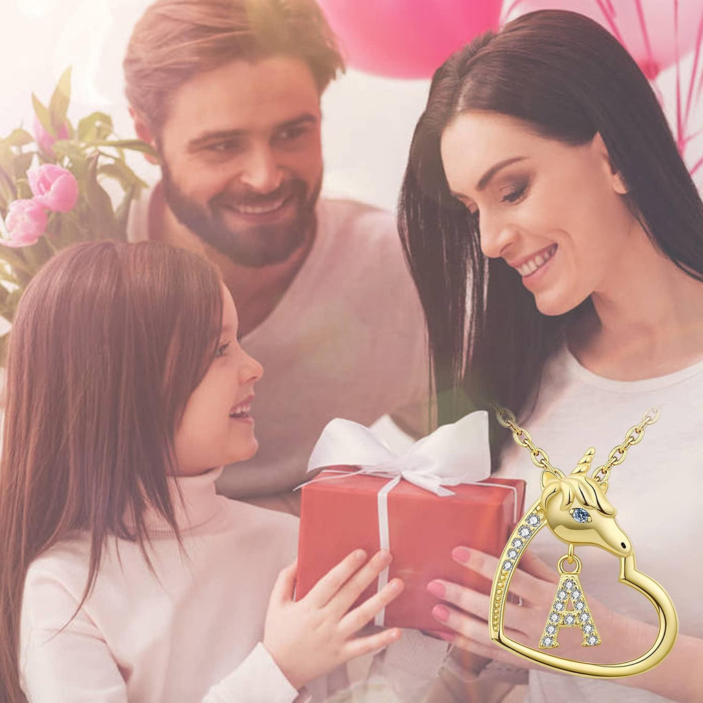 18K-Gold-Plated Unicorn Heart Initial Necklaces - 925 Sterling Silver Letters Alphabet Love Heart Pendant Necklace Cute Animal Jewerly Gifts for Daughter & Unicorn Lover