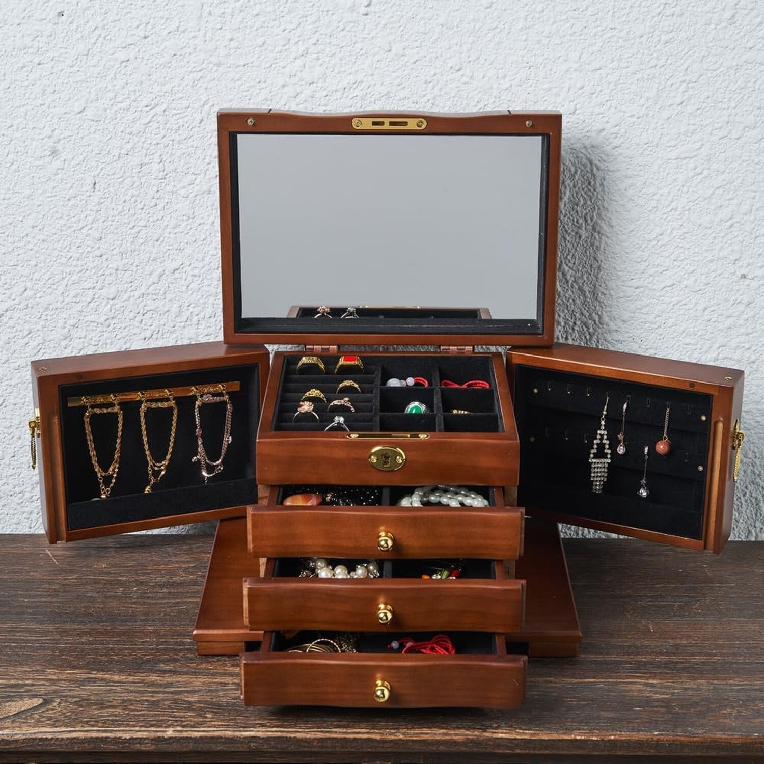 FEECOZ Wooden Jewelry Box for Women, Solid Wood Jewelry Organizer with Mirror...