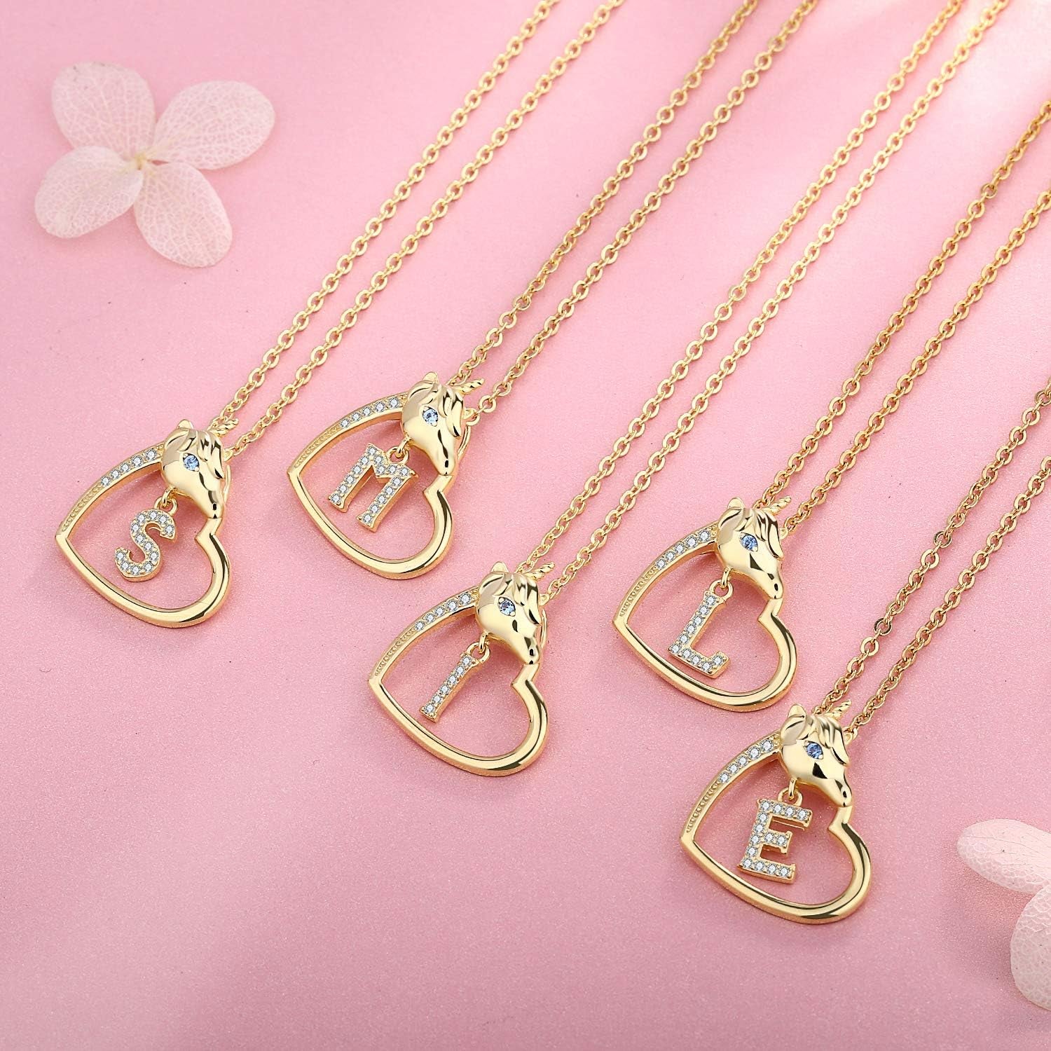 18K-Gold-Plated Unicorn Heart Initial Necklaces - 925 Sterling Silver Letters Alphabet Love Heart Pendant Necklace Cute Animal Jewerly Gifts for Daughter & Unicorn Lover