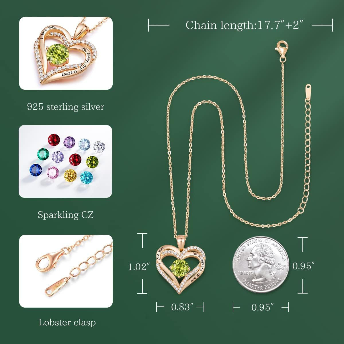 Forever Love Heart Necklaces for Women, Wedding Anniversary, Birthday Mothers Day Christmas Day Gifts for Mom, Mother, Wife, Friend, S925 Silver Jewelry with Birthstone Pendant