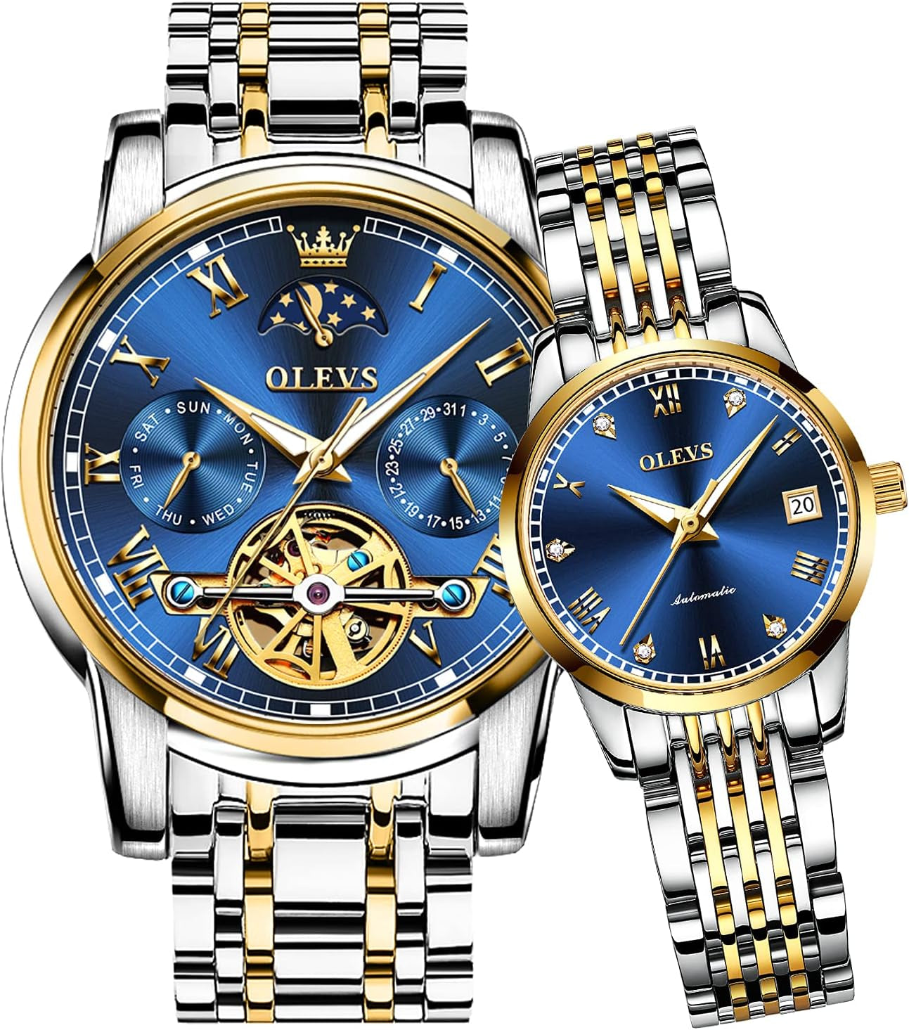 Couple Pair Watch Automatic for Men and Women His and Hers Watches Set Gifts Mechanical Self-Winding Tourbillon Big Face Dress Wristwatch with Day Date Calendar Two Tone