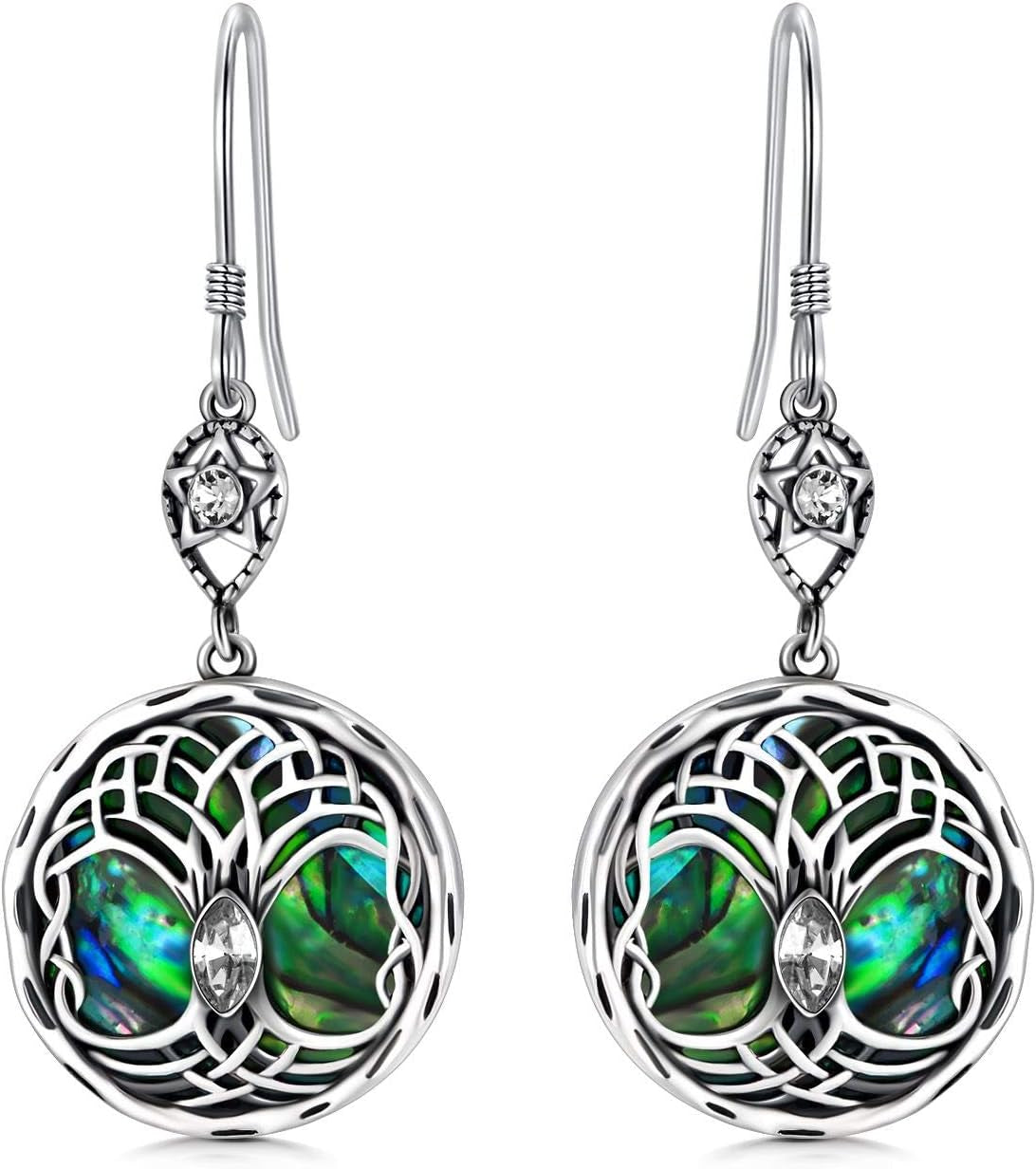 Celtic Tree of Life Earrings Sterling Silver Family Tree Dangle Drop Earrings with Birthstone Crystals, Birthday Jewelry Gifts for Women Her